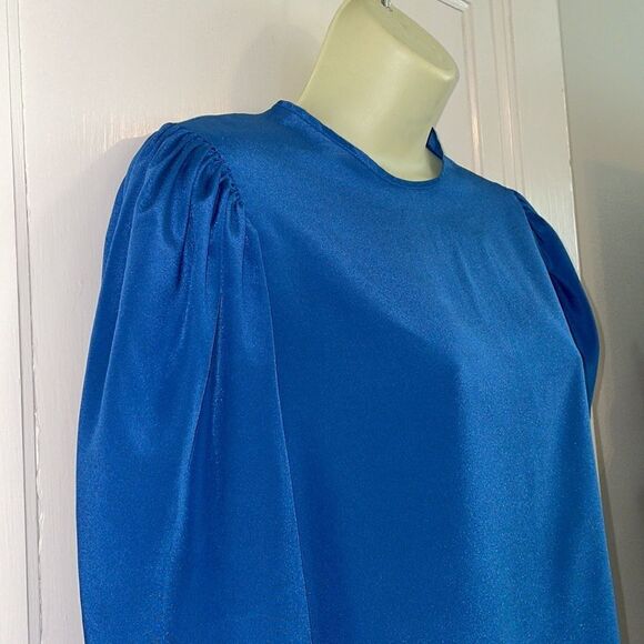 Vintage 80sâroyal blue polyester gathered shoulder long sleeveâblouse - Picture 5 of 9